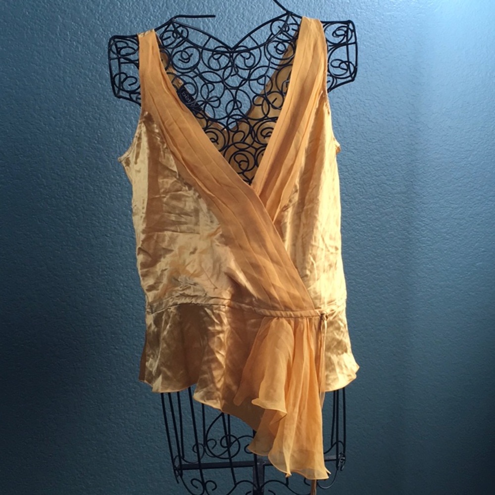 bebe 100% Silk Drawstring Crossover Ruffle Shirt